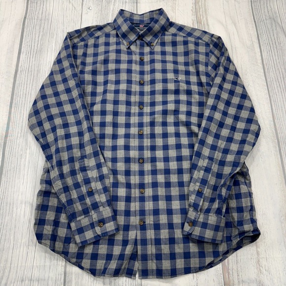 Vineyard Vines Slim Fit Whale Shirt L Large Plaid Blue Gray Long Sleeve Mens‎ - Picture 1 of 10
